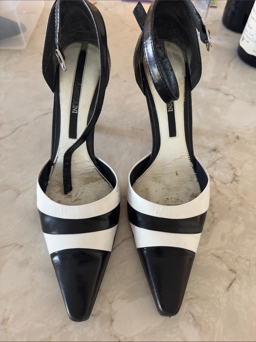 Enzo Angiolini Black and White Pointed Toe Ankle-Strap Pumps